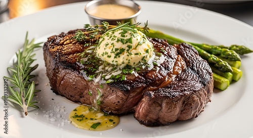 Grilled steak with butter sauce.