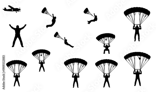 Billede på lærred Parachuting skydiver silhouette vector set with dynamic free fall poses and para