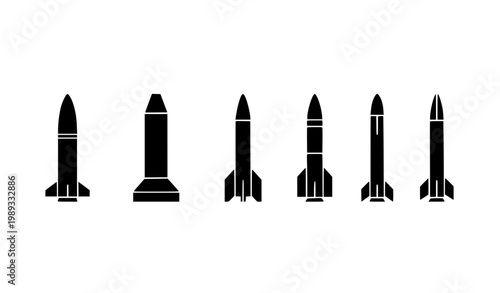 Isolated ballistic missile vector infographic collection with simplified military rocket silhouettes for strategic defense and aerospace concept design