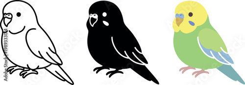 Colorful cartoon parakeets in different styles and colors standing alone