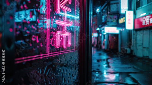 Neonlit Tokyo storefront with condensation and reflections empty interior