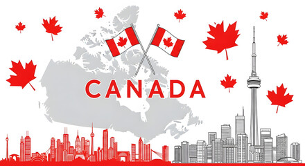 Canadian maple leaves flags and city skylines with map outline canada leaf