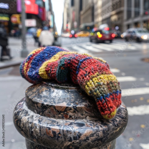 Detailed view of lost glove on concrete with city in background