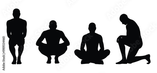 Black silhouette collection of men sitting and squatting isolated on white for character reference.