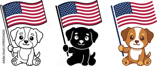 Photography Cute dogs holding American flags in patriotic illustration for Independence Day