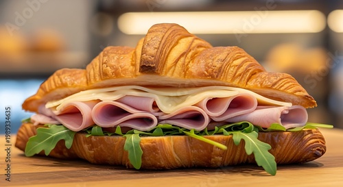 Delicious ham and cheese croissant sandwich.
