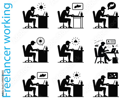 Freelancer working silhouettes collection, remote work concept, laptop user at desk, productivity day night routine, office workspace illustration, black silhouette set isolated