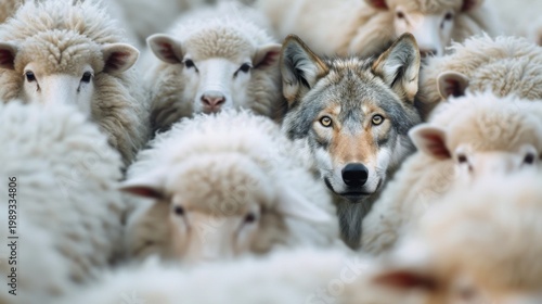 Intriguing Scene of a Wolf Among a Flock of Sheep in a Natural Setting