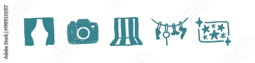 Photography and Theater Hand Drawn Teal Icon Set with Camera Curtains and Stars