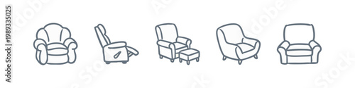 Armchair and Furniture Hand Drawn Grey Line Icon Collection for Home Interior