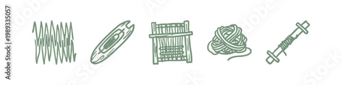 Weaving and Textile Tools Hand Drawn Green Icon Set with Loom and Yarn
