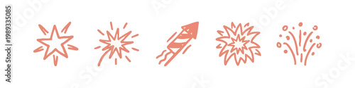 Fotografie Collection of Hand Drawn Firework Spark and Celebration Icons in Pink Line Art S