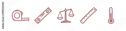Precision Measurement Tools Icons with Ruler, Level, Scales, Thermometer and Tape Measure