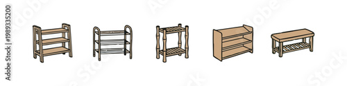 Wooden Storage Shelf Hand Drawn Icons: Racks, Bookcase, Shoe Shelf, and Bench