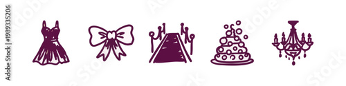 Luxury Event and Gala Party Icons Featuring Evening Dress, Red Carpet and Chandelier