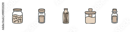 Kitchen Storage Glass Jars Hand Drawn Icons: Containers for Food, Spices, and Pasta