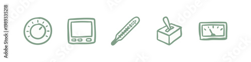 Measuring Instrument Hand Drawn Icons: Knob, Monitor, Thermometer, and Switch