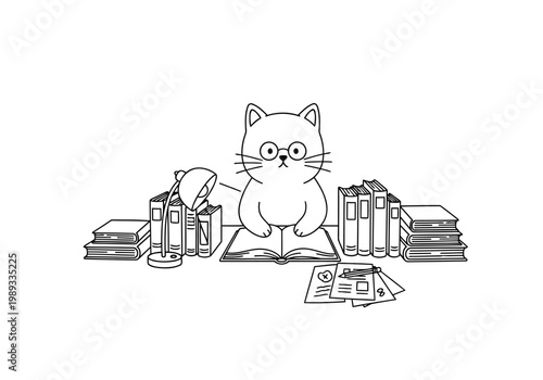 Cute cat studying with books and money, educational concept
