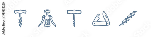 Bar and Wine Hand Drawn Tool Icons: Corkscrews, Pocket Knife, and Openers