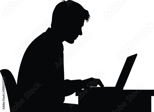 Silhouette of a person working intently on a laptop at a desk isolated on white background, Vector