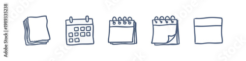 Office Stationery Hand Drawn Icons: Paper Stack, Calendar, and Sticky Note