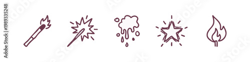 Fire and Light Hand Drawn Icons: Match, Sparkler, Star, Flame, and Splat
