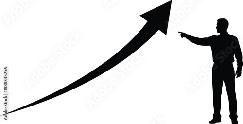 Business professional pointing towards upward growth trajectory arrow. isolated on white background, Vector