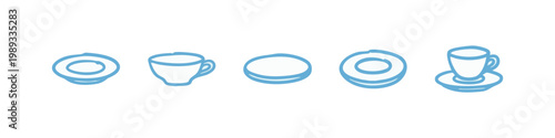 Delicate hand-drawn tea set icons including plates, saucers, and cups