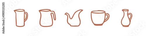 Hand-drawn kitchenware icons featuring pitchers, mugs, and jugs
