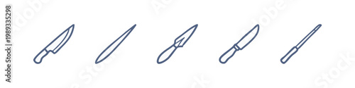 Set of hand-drawn kitchen knife icons including chef knife, paring knife, and sharpener
