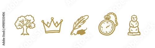 Hand Drawn History and Heritage Icons with Tree Crown and Pocket Watch