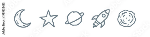 Space and Astronomy Hand Drawn Grey Icons Set including Moon Star Planet Rocket and Asteroid
