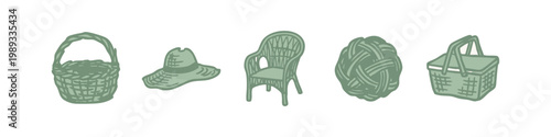 Wicker Garden and Picnic Hand Drawn Green Icons Set including Basket Hat Chair and Ball