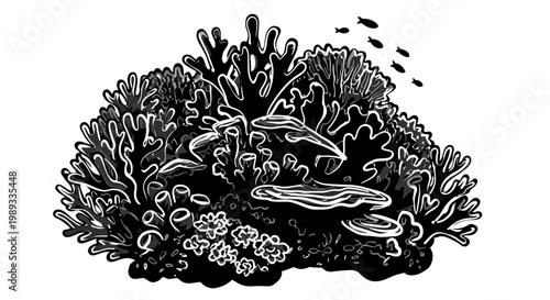 Black and white vector illustration of a coral reef scene with a large fish and small fish swimming