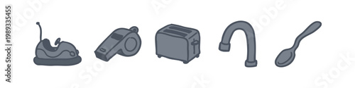 Miscellaneous Household and Fun Hand Drawn Grey Icons Set including Bumper Car Whistle Toaster and Faucet