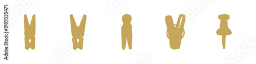 Laundry and Office Accessory Silhouettes Set in Gold including Clothespins and Pins