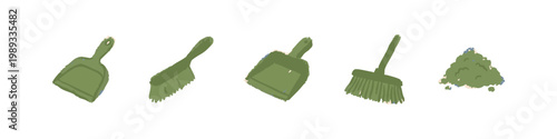 Cleaning and Janitorial Silhouettes Set in Green including Dustpan Brush Broom and Dust
