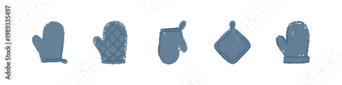 Kitchen Oven Mitt and Potholder Silhouettes Set in Blue including Various Heat Protection Gloves