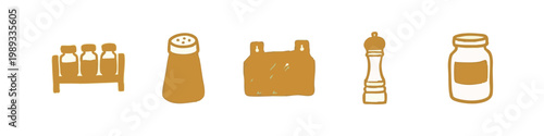 Kitchen Spice Rack and Condiment Icon Set in Mustard Yellow