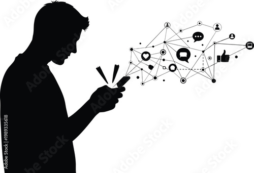 Modern individual engaging with a complex digital social network through mobile device isolated on white background, Vector