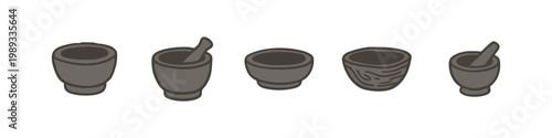 Mortar and Pestle Grinding Bowl Icon Set in Brown