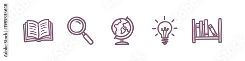 Research and Knowledge Library Icon Set in Maroon