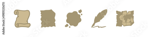 Vintage Writing and Treasure Map Exploration Icon Set in Beige
