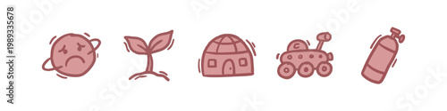 Space Exploration and Nature Icons Hand Drawn Style with Rover, Planet, and Igloo