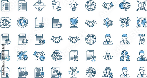 Global business and international partnership icons set with documents handshake world map analytics strategy communication and corporate network vector illustration collection