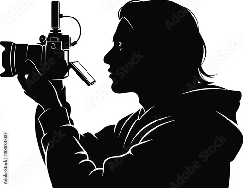 A person using an old-fashioned camera to capture a moment with another individual isolated on white background, Vector