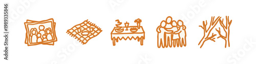Family Life and Picnic Hand Drawn Icons with Photos, Dining Table, and Hugging