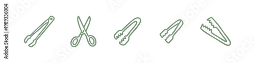 Kitchen Serving Tongs and Scissors Culinary Tools Hand-Drawn Icon Set
