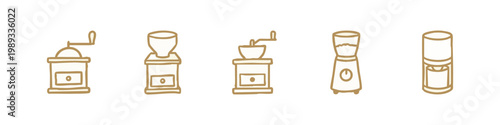 Vintage and Modern Coffee Grinder Mills Hand-Drawn Gold Icon Set