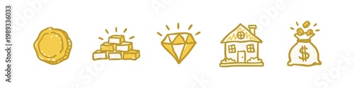 Wealth Assets and Financial Prosperity Gold Hand-Drawn Icon Set